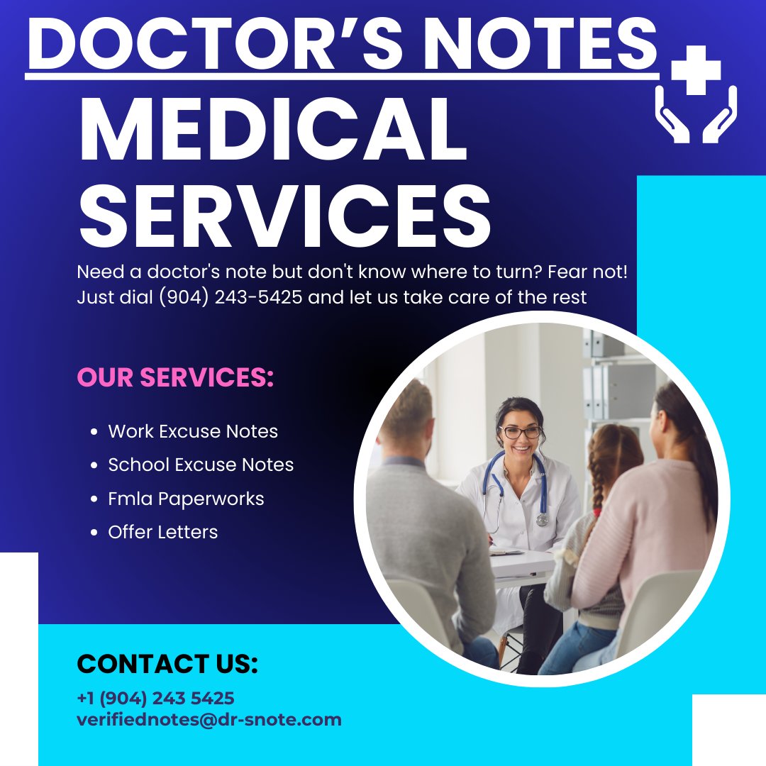 doctors_note_'s tweet image. Hey, morning people! Dealing with a surprise doctor&apos;s appointment? Don&apos;t sweat it - let us help with a professional excuse! Call us at (904) 243-5425. 📷📷 #FastTurnaroundTime #doctorsexcuse #Doctorsexcuse #documentediting #medicalnotes #sicknotes #DoctorsNotes