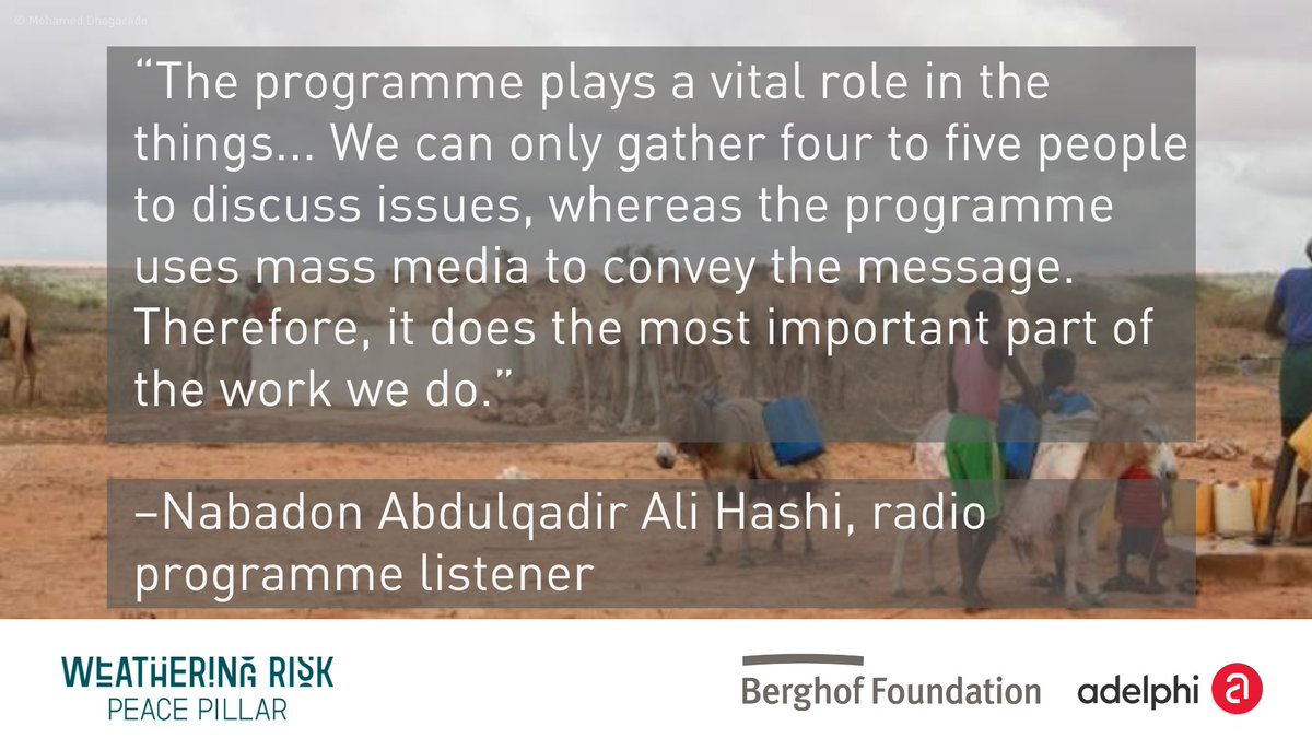 Somalia is a hotspot for compound #climatesecurity threats, with protracted conflict &amp; climate change vulnerability combining to destabilise the country

Learn how a radio programme promotes climate resilience &amp; peacebuilding
💡adelph.it/Impact2
#WeatheringRisk #PeacePillar