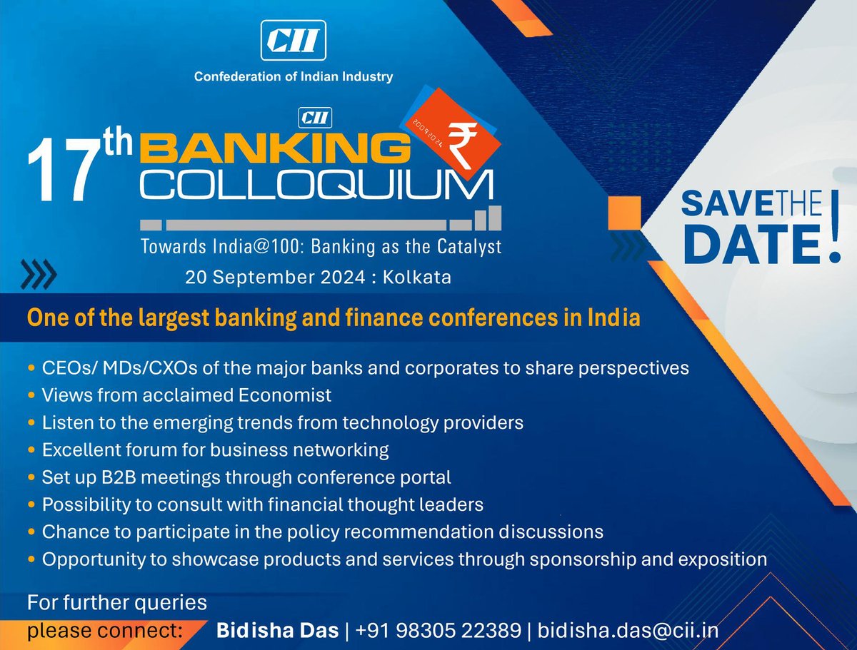 CII4ER's tweet image. SAVE THE DATE! 

Block your diaries to attend the 17th CII Banking Colloquium in Kolkata on 20 September 2024.

To register your participation, you may click on: cam.mycii.in/ORNew/Registra…

#bankingcolloquium #MSMEFunding #corporatefunding #financialinclusion #AIbanking #cii4er