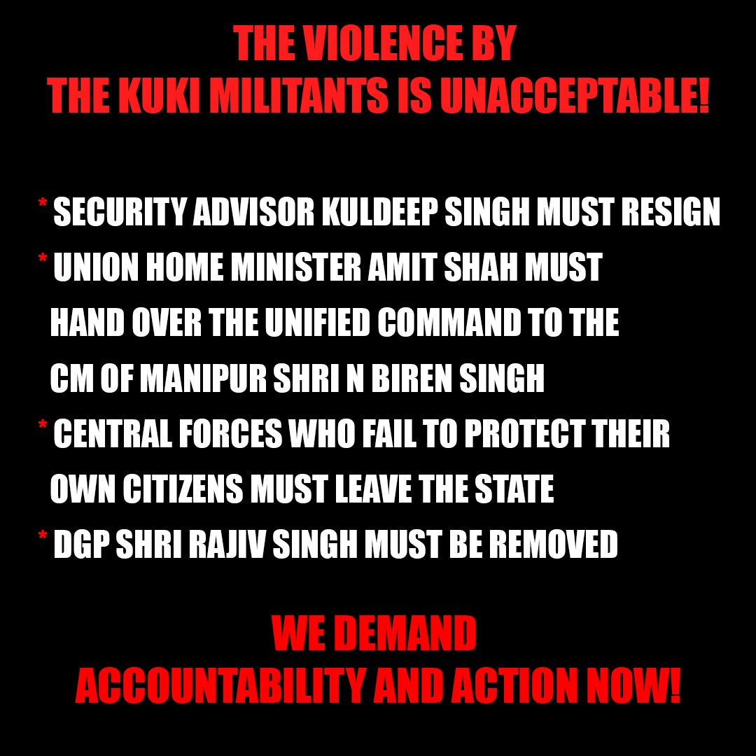 This september, Hindu-Meiteis had been attacked and killed by Kuki Militants using snipers, drones, bombs, missiles and other sophisticated weapons. However, central forces are not utilised. 

Here are our demands <a href="/AmitShah/">Amit Shah</a> 👇
