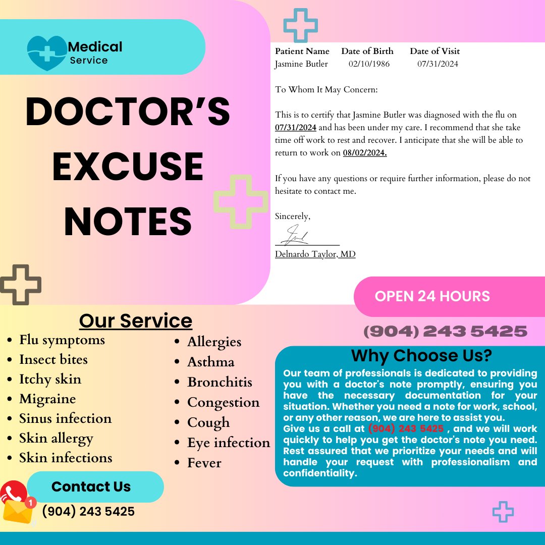 doctors_note_'s tweet image. Running out of time and need a doctor&apos;s note ASAP? Give us a call at (904) 243-5425 and we&apos;ll handle it for you. #FastTurnaroundTime #doctorsexcuse #Doctorsexcuse #documentediting #sicknotes #DoctorsNotes #medicalnotes