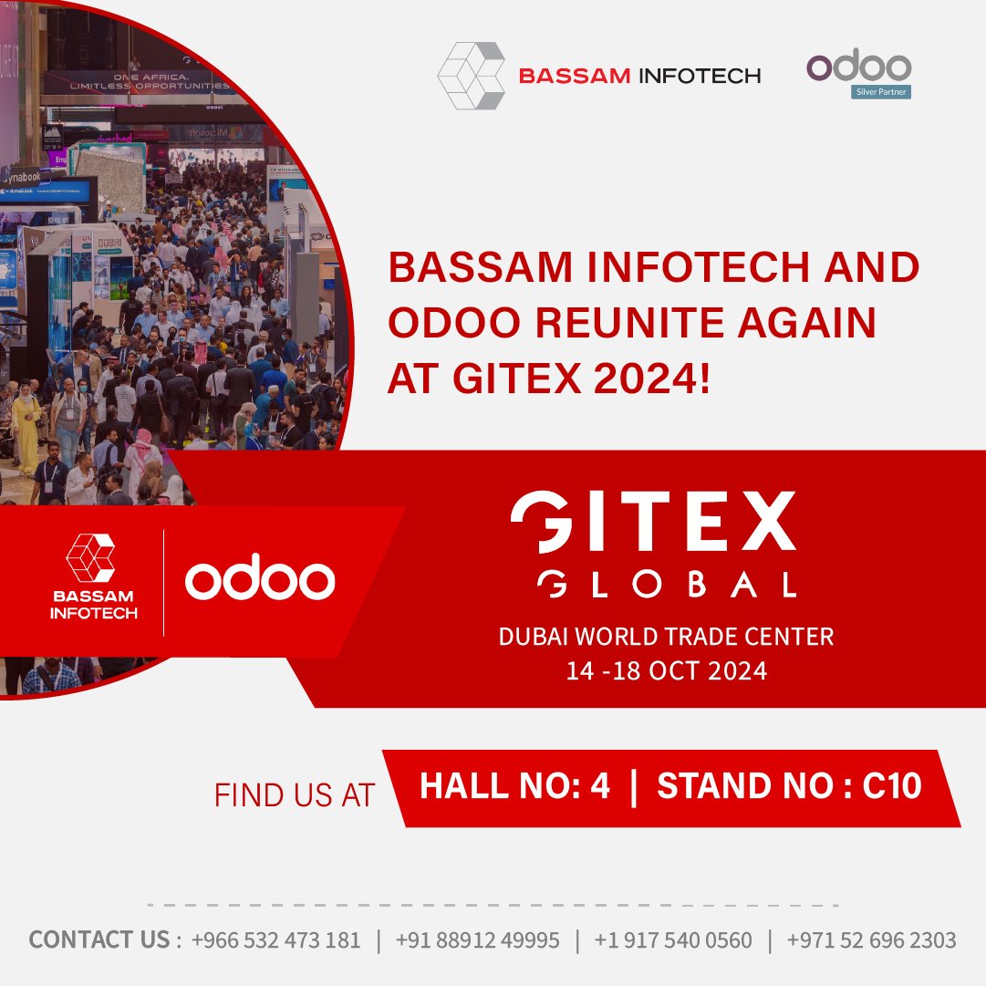 Strength in Collaboration! Witness the synergy of Bassam Infotech and Odoo at GITEX 2024.
.
.
#gitex2024 #odoo #erpsoftware #softwaredevelopment #manufactringsoftware
#businesssoftware #GITEXGLOBAL
bassaminfotech.com