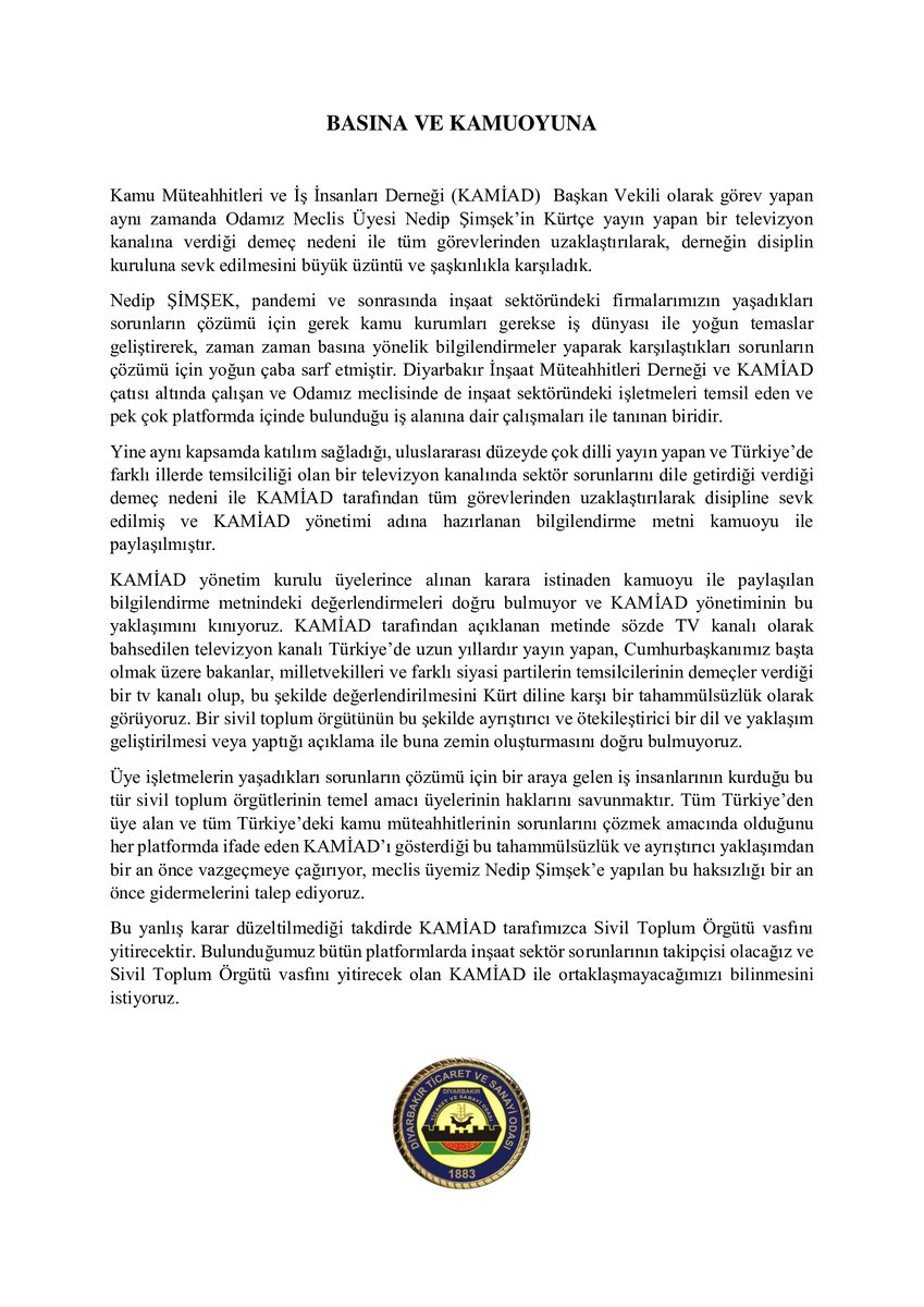 BASINA VE KAMUOYUNA

KAMİAD Başkan Vekili olarak görev yapan Odamız Meclis Üyesi Nedip Şimşek’in Kürtçe yayın yapan bir televizyon kanalına verdiği demeç nedeni ile tüm görevlerinden uzaklaştırılması ile ilgili açıklamamız ektedir. <a href="/TOBBiletisim/">TOBB</a> <a href="/kamiad_org/">KAMİAD.ORG</a>