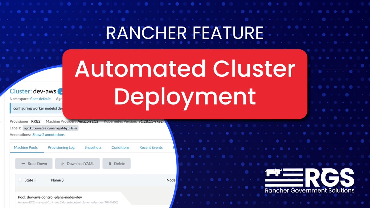 🎥 Check out the latest video in our Rancher Feature Series! Learn how to integrate #Fleet our continuous delivery tool, so you can automatically procure and configure downstream clusters in a cloud provider. Watch now: hubs.la/Q02NTVk50
#Rancher #Fleet #TechSeries
