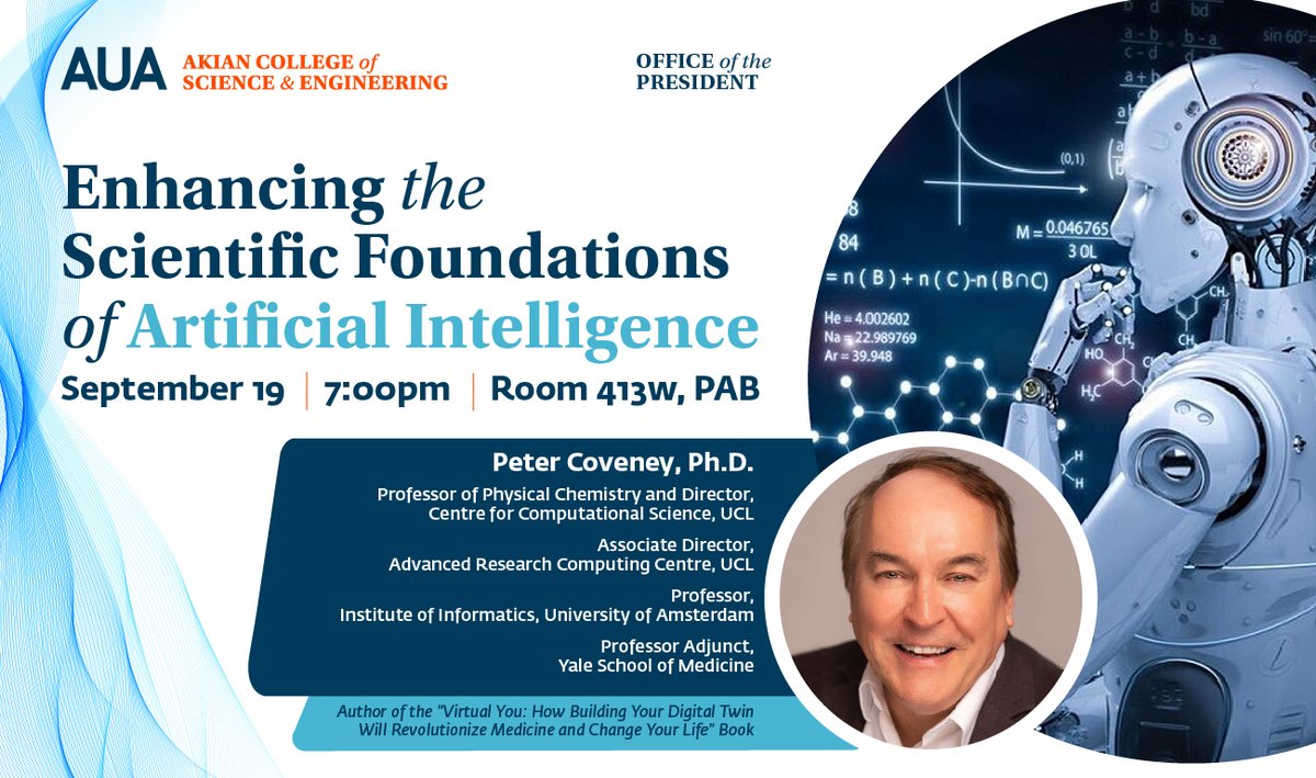3/4 In his lecture, Dr. Coveney will assess the impact of #AI on research, illustrating how it often lacks reproducibility, transparency, objectivity, and mechanistic understanding.