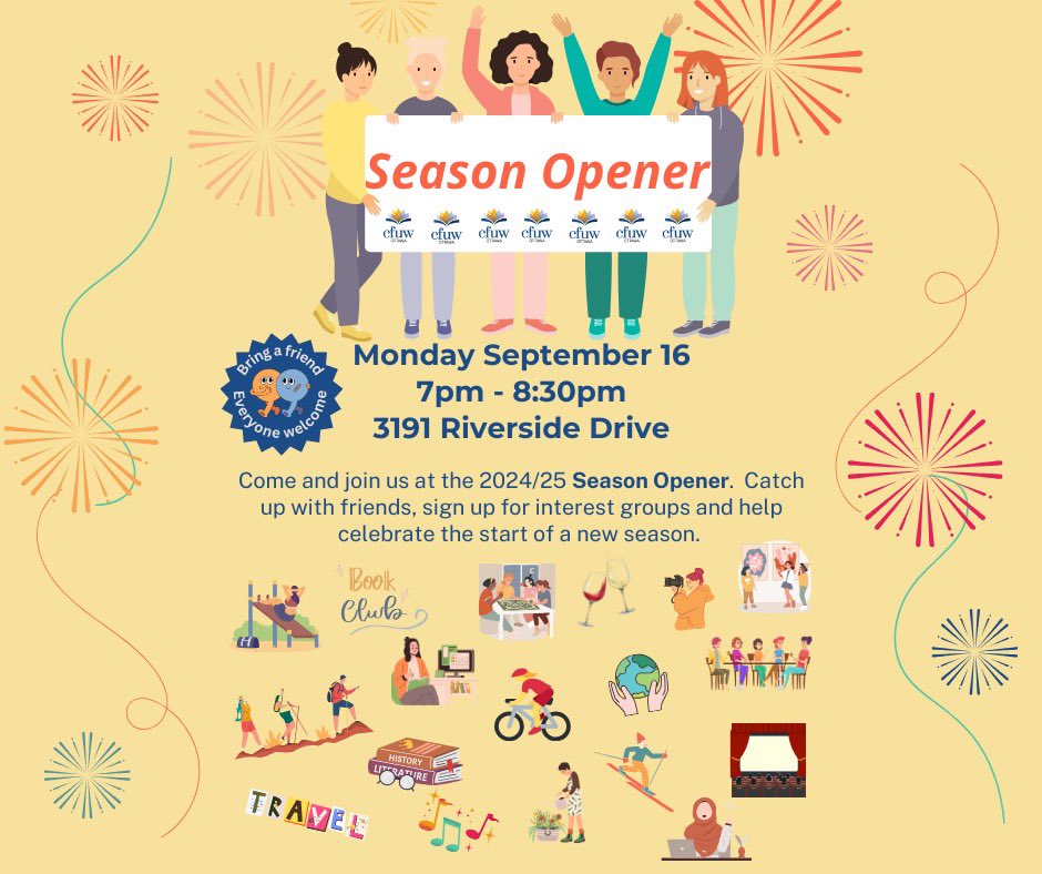 CFUWOttawaClub's tweet photo. Mark your calendar! CFUW Ottawa’s SEASON OPENER is happening on Monday September 16.  We look forward to seeing you 😀. https://t.co/GY6UIEkOm6