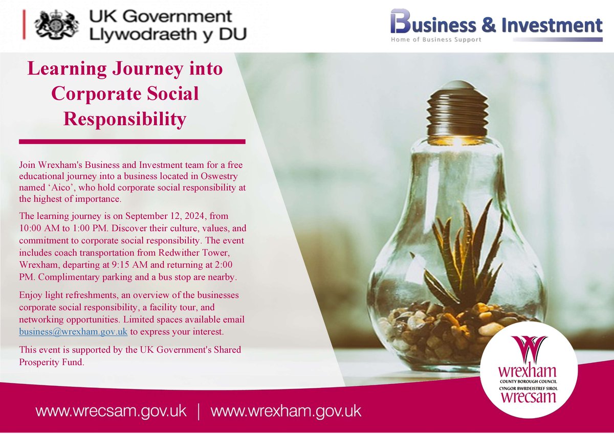 Business and Investment - Wrexham Council (@wxmbizsupport) on Twitter photo Are you considering how to include Corporate Social Responsibility within your business?
Would you like to learn from a business who has already successfully started their journey?
Join us on a learning journey to 'Aico' in Oswestry on 12 September. Email:Business@wrexham.gov.uk Are you considering how to include Corporate Social Responsibility within your business?
Would you like to learn from a business who has already successfully started their journey?
Join us on a learning journey to 'Aico' in Oswestry on 12 September. Email:Business@wrexham.gov.uk