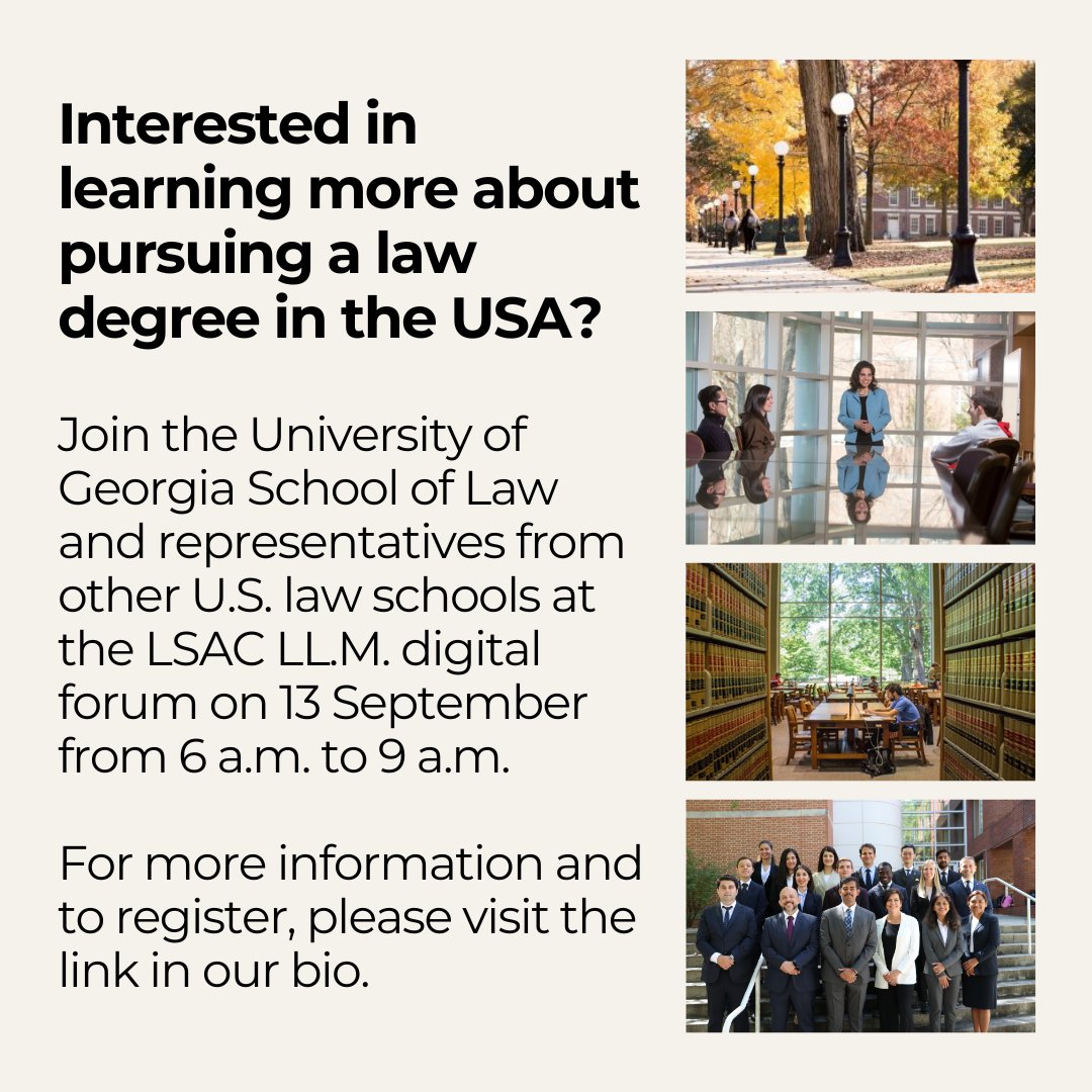 Dean Rusk International Law Center (@deanruskintlaw) on Twitter photo Interested in learning more about pursuing a Master of Laws (LL.M.) degree in the United States? Join <a href="/UGASchoolofLaw/">UGA School of Law</a> and representatives from other U.S. law schools at the <a href="/LSAC_Official/">Law School Admission Council</a> LL.M. digital forum on 13 September from 6-9am.
Register here: lsac.org/lawschoolforum… Interested in learning more about pursuing a Master of Laws (LL.M.) degree in the United States? Join <a href="/UGASchoolofLaw/">UGA School of Law</a> and representatives from other U.S. law schools at the <a href="/LSAC_Official/">Law School Admission Council</a> LL.M. digital forum on 13 September from 6-9am.
Register here: lsac.org/lawschoolforum…