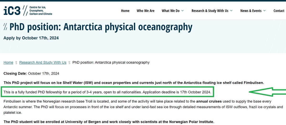 PLEASE REPOST
Fully funded PhD fellowship: Antarctica physical oceanography.

Requires master's degree in physical #oceanography, #meteorology, climate dynamics, #physics, applied #mathematics or related.

ic3.uit.no/job/phd-antarc… <a href="/Polar_Research/">APECS</a> <a href="/APECSOceania/">APECS Oceania</a> <a href="/apecs_germany/">APECS Germany</a>