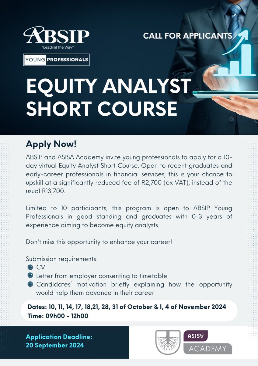 Apply for an opportunity to enrol in ABSIP YP and ASISA Academy equity short course. 
Click link to apply: absip.typeform.com/YPSHORTEQUITY

<a href="/AshleyDaswa/">IamAshleyDaswa</a>