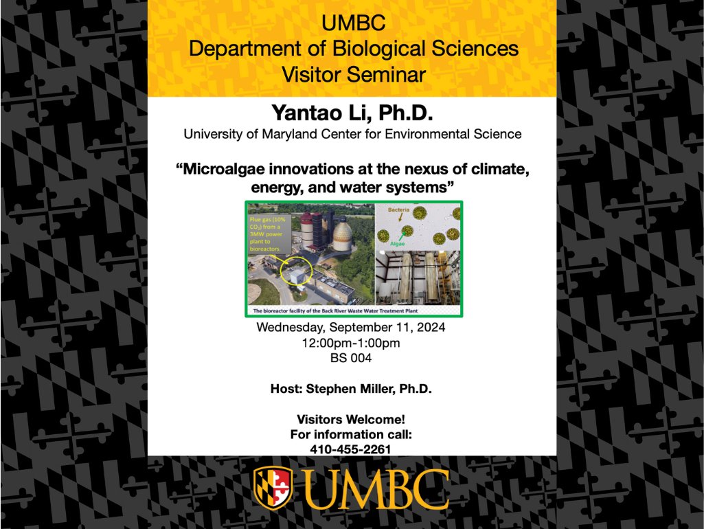 Please join the Department and host Dr. Stephen Miller for a seminar given by Dr. Yantao Li .
#UMBC #UMBCbiology #biology #science #bioscience #research #Maryland #retrievernation #genetics #physiology #phagehunters #phdstudent #biomedical #CNMS #STEM #WomenInSTEM #stemeducation