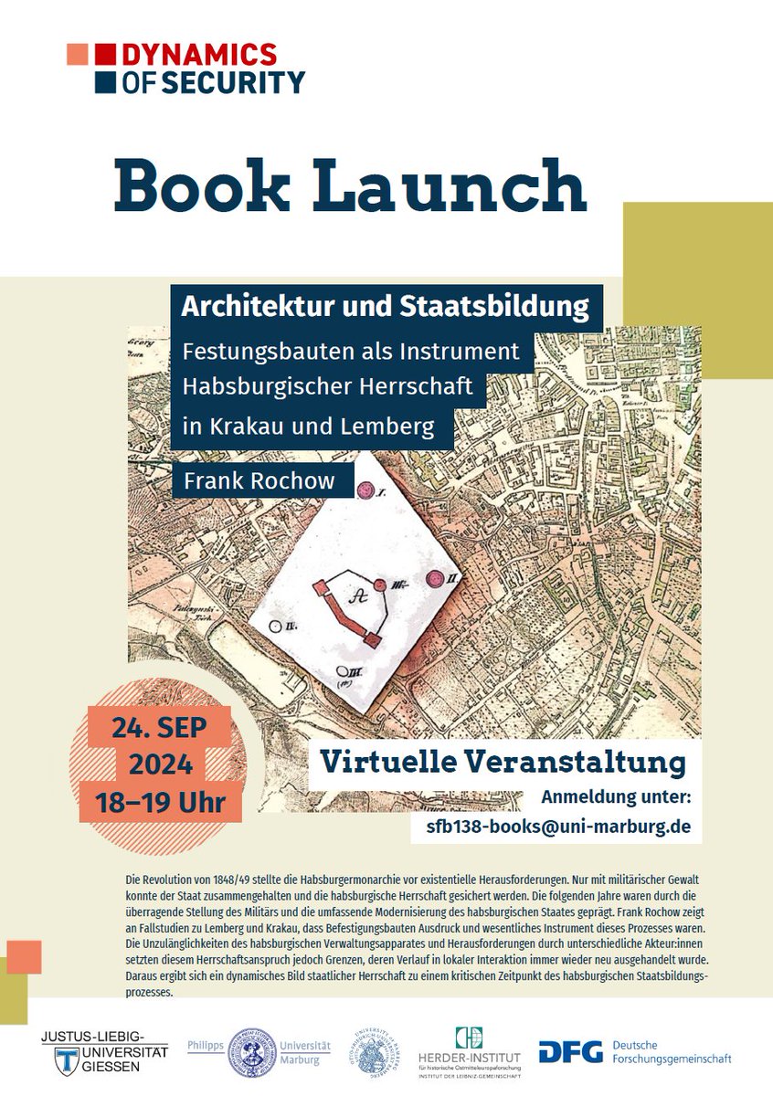sfb_138's tweet photo. 📕 Unsere Book Launches sind zurück aus der Sommerpause! 📕

Wann? 24. September, 18 Uhr
Was? "Architektur und Staatsbildung - Festungsbauten als Instrument Habsburgischer Herrschaft in Krakau und Lemberg" von Frank Rochow

Mehr Infos: https://t.co/rKNBlhABVe https://t.co/DNP9XNYahF