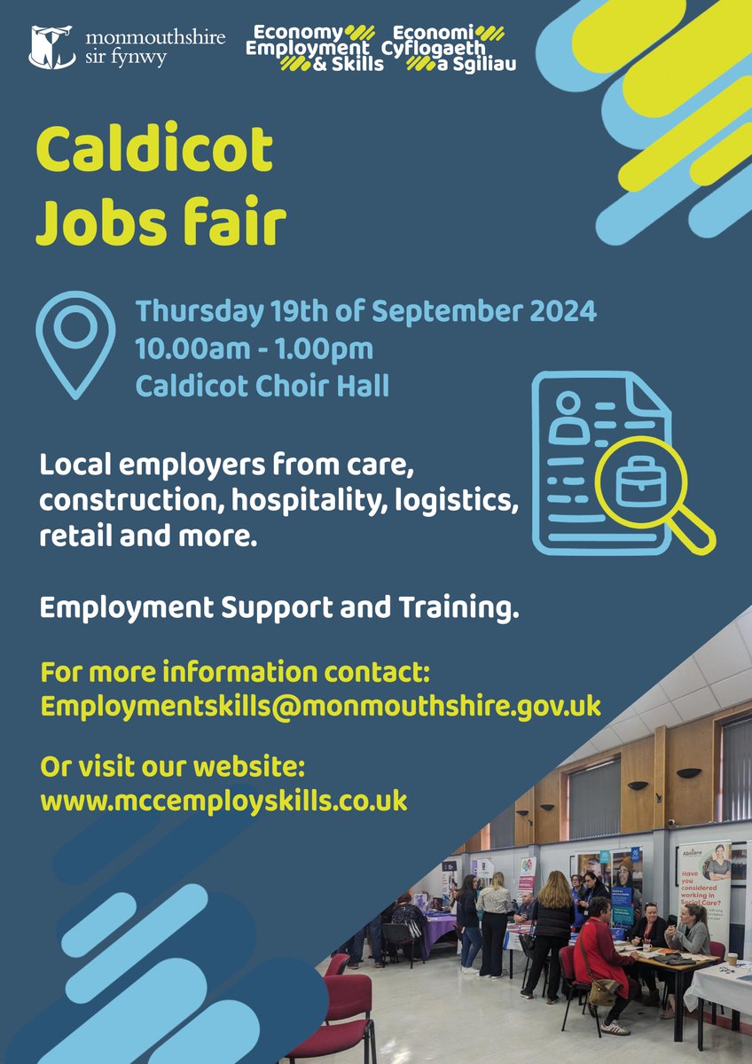 📢𝗖𝗮𝗹𝗱𝗶𝗰𝗼𝘁 𝗝𝗼𝗯𝘀 𝗙𝗮𝗶𝗿 - 𝟭𝟵/𝟬𝟵/𝟮𝟬𝟮𝟰📢

Are you looking for employment options?

Come along to #caldicot Jobs Fair to meet local employers from care, construction, hospitality, logistics and more.  #employment #jobsfair #JobFair2024 #Monmouthshire