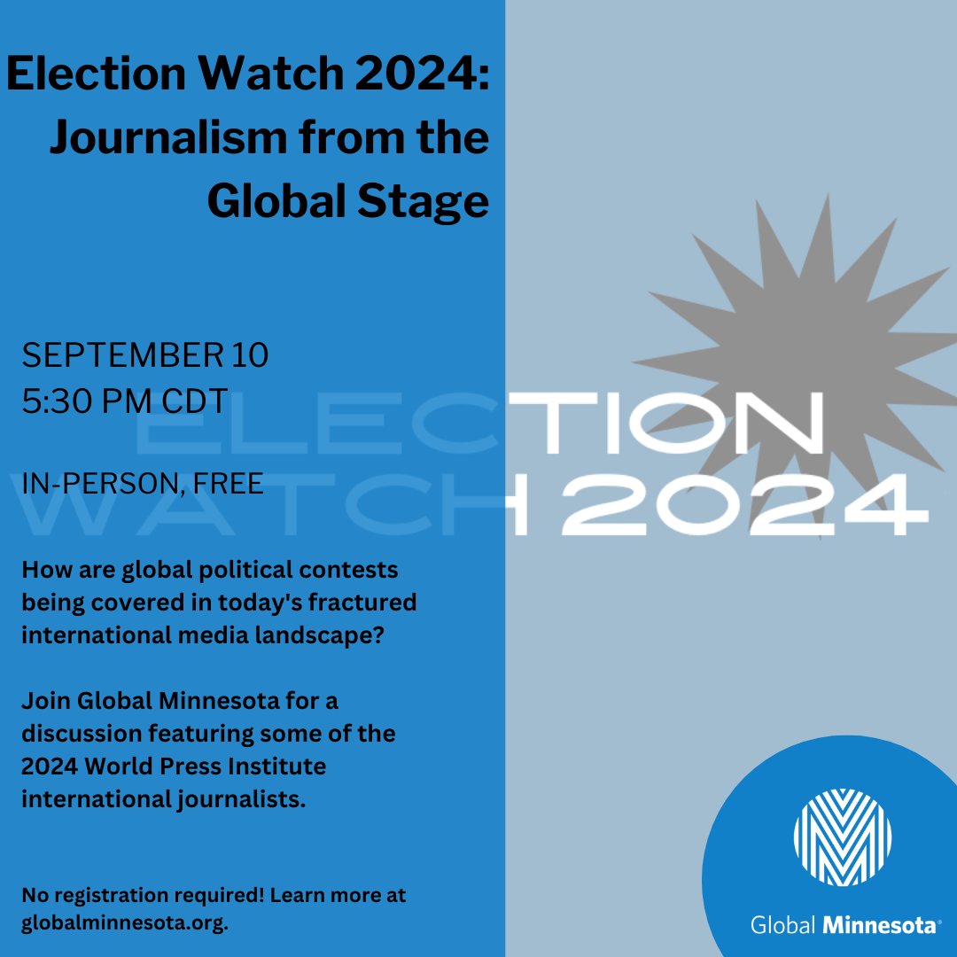 Discover how foreign media organizations cover their local elections at our forum this week featuring the <a href="/worldpressinst/">World Press Institute</a> fellows!

globalminnesota.org/event/election…