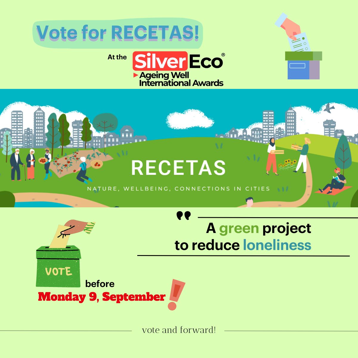 Research group M3O (@uvic_m3o) on Twitter photo 🌱 The <a href="/RecetasProject/">RECETAS PROJECT</a> has been selected at the <a href="/SilverEco_En/">SilverEco.org/en</a> #Aging Well International Awards.
🍀 VOTE here before Monday 9 September!
silvereco.org/festival/en/vo…
Easy & fast✅: you just need to access the web page and select "RECETAS" from the drop-down list.
🌿Vote and forward! 🌱 The <a href="/RecetasProject/">RECETAS PROJECT</a> has been selected at the <a href="/SilverEco_En/">SilverEco.org/en</a> #Aging Well International Awards.
🍀 VOTE here before Monday 9 September!
silvereco.org/festival/en/vo…
Easy & fast✅: you just need to access the web page and select "RECETAS" from the drop-down list.
🌿Vote and forward!