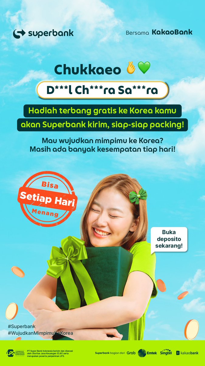 superbankidn's tweet photo. Selamat yaaa, Super Friends! 🥳

Yuk, ikut wujudkan mimpimu ke Korea dengan buka dan pertahankan Deposito Superbank! 🫰💚

Ada kesempatan menang setiap harinya!!!

#Superbank #BeSuper #WujudkanMimpimukeKorea #BersamaSuperbank #DepositoSuperbank #BungaTinggi #CUMASuperbank #SuperbanktoKorea