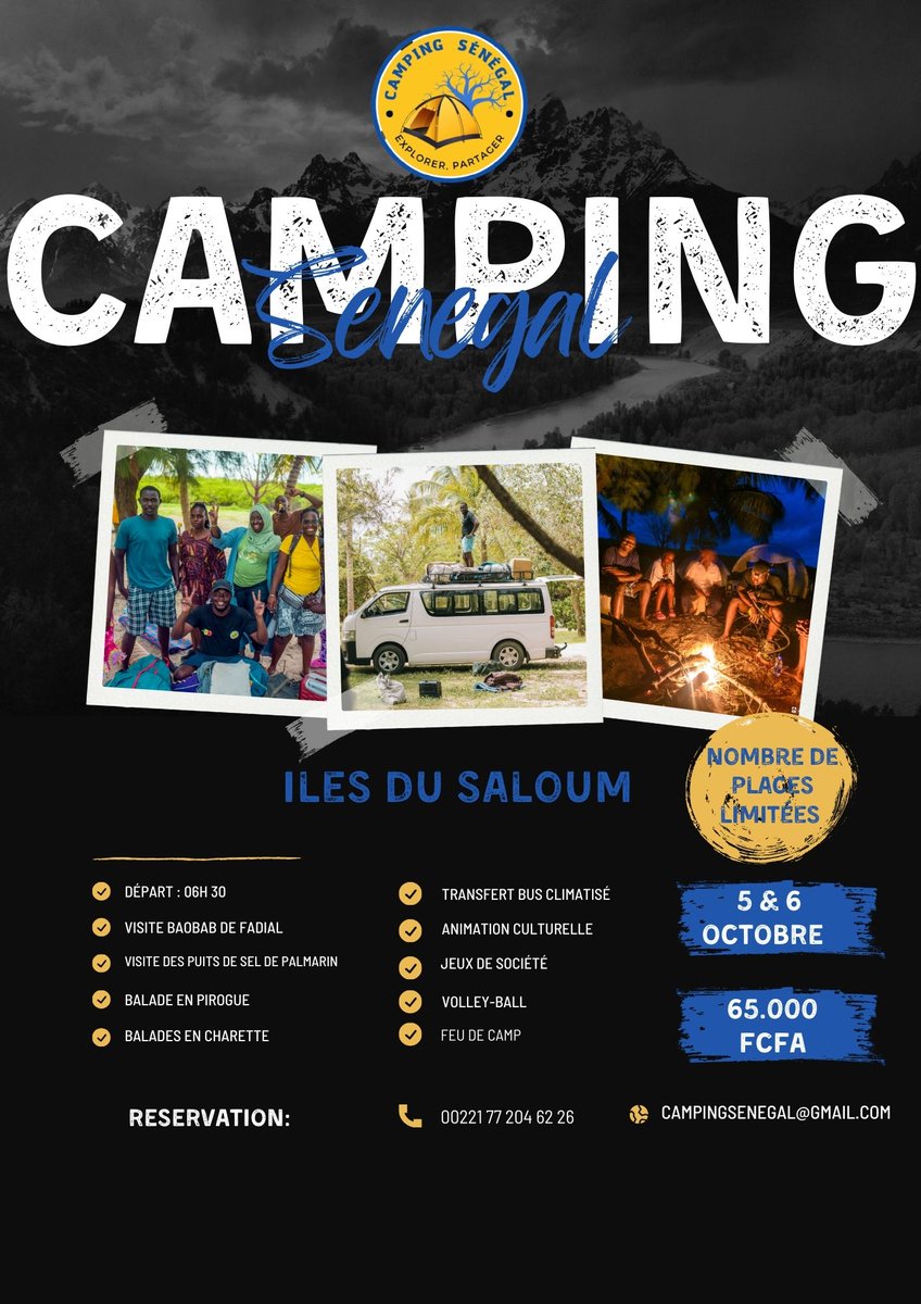 🌟 **Bonjour à tous !** 🌟

Nous sommes ravis de vous annoncer un rendez-vous exceptionnel ! Les 5 et 6 octobre, nous partons à l'aventure dans les magnifiques îles du Saloum pour deux jours de camping inoubliables. 🌅
#camping #senegal