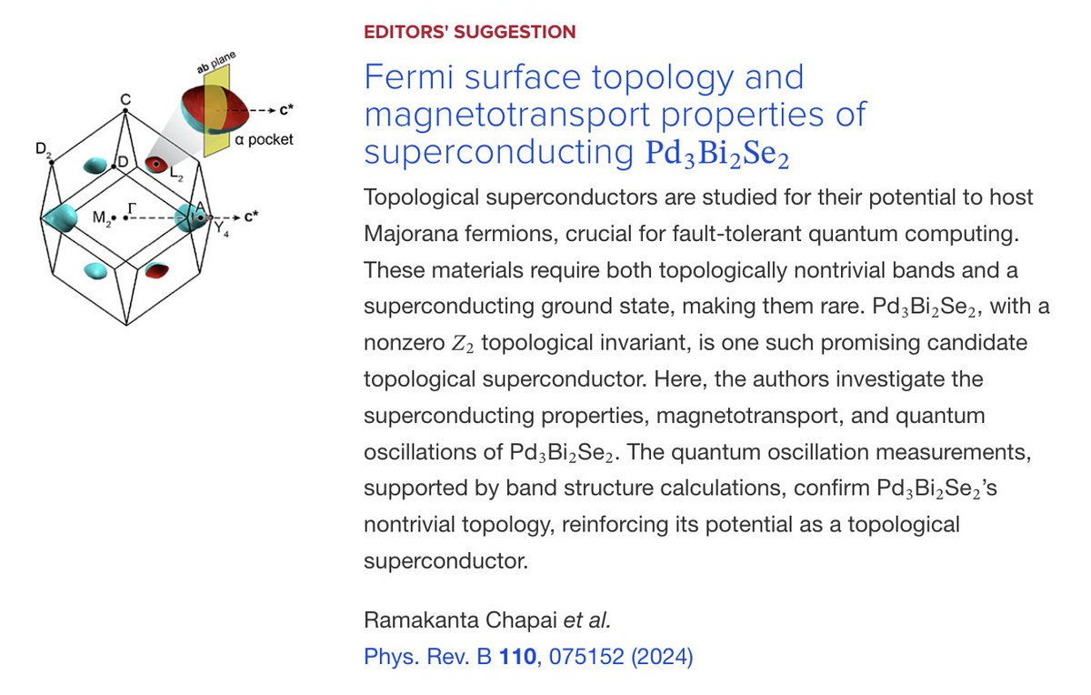 PhysRevB's tweet photo. PRB Editors' Suggestion: #FermiSurface #topology and #magnetotransport properties of #superconducting #Pd3Bi2Se2
R. Chapai, G. Peterson, M. P. Smylie, X. Chen et al.,
Phys. Rev. B 110, 075152
➡️ https://t.co/ndZq7meNxO
#EdSugg #physics #condmat @APSPhysics @argonne https://t.co/1ocZQjWBOi