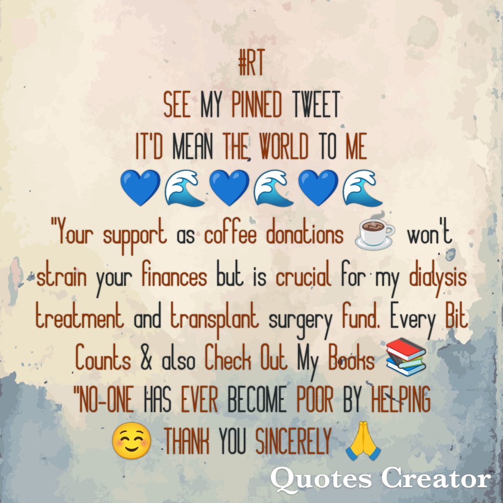 I'm an author managing dialysis, anticipating a transplant. Purchasing my books or sending coffee funds would greatly support my hospital expenses. Thank you for your generosity!
<a href="/JanieSkeie9301/">Janie@Skeie490</a>
<a href="/MaryBee71/">Mary B</a>
@CassieSam1
<a href="/harding444/">Rich</a>
<a href="/BrazenLady66/">Lisa Britt</a>
<a href="/maestrotimothy/">🎹Timothy Turner💙🇺🇸🇬🇧 #Blue #GoodTrouble #FBR</a>
@mymysharona43