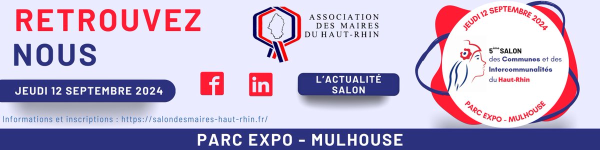 📝A noter très vite dans vos agendas !
📒Jeudi 12 septembre, l'équipe #Alsace <a href="/BdT_GrandEst/">Direction régionale Grand Est</a> vous accueillera sur le stand <a href="/BanqueDesTerr/">Banque des Territoires</a> [n°125] au Salon des #maires et des communes et intercommunalités au <a href="/ParcExpo68/">Parc Expo</a> pour répondre à vos questions et partager un moment convivial