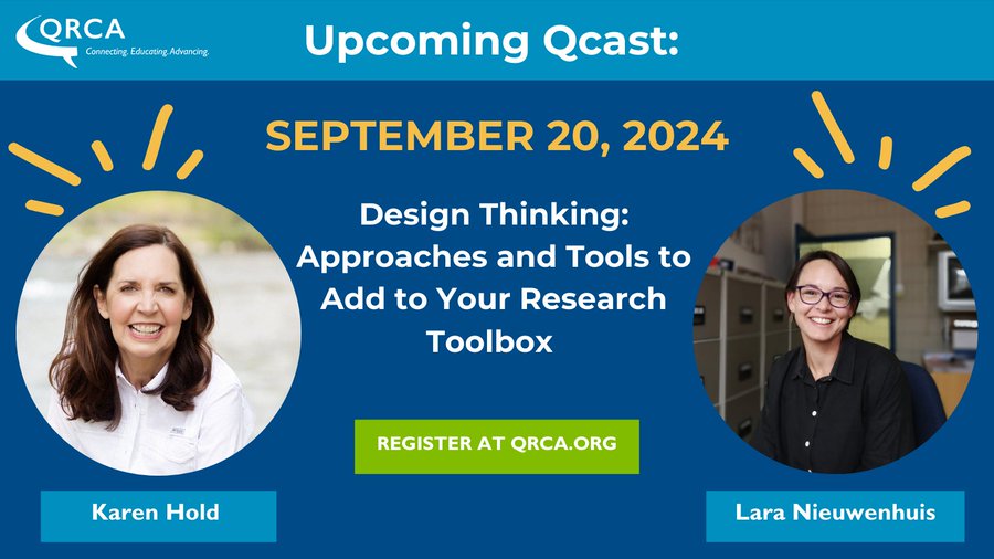 📅 The next Qcast Webinar is just 2 weeks away! 📷 "Design Thinking: Approaches and Tools to Add to Your Research Toolbox," presents a panel of professionals who will share design thinking methodologies. Secure your spot today! qrca.org/events/EventDe…