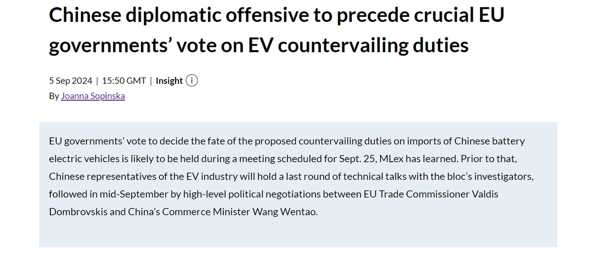‼️ SCOOP China will hold top-level talks with the EU in the coming weeks to strike a deal allowing Chinese EV manufacturers to dodge the bloc’s planned countervailing duties. 

The make-or-break talks will precede the EU governments’ vote on the measures, expected on Sept. 25.