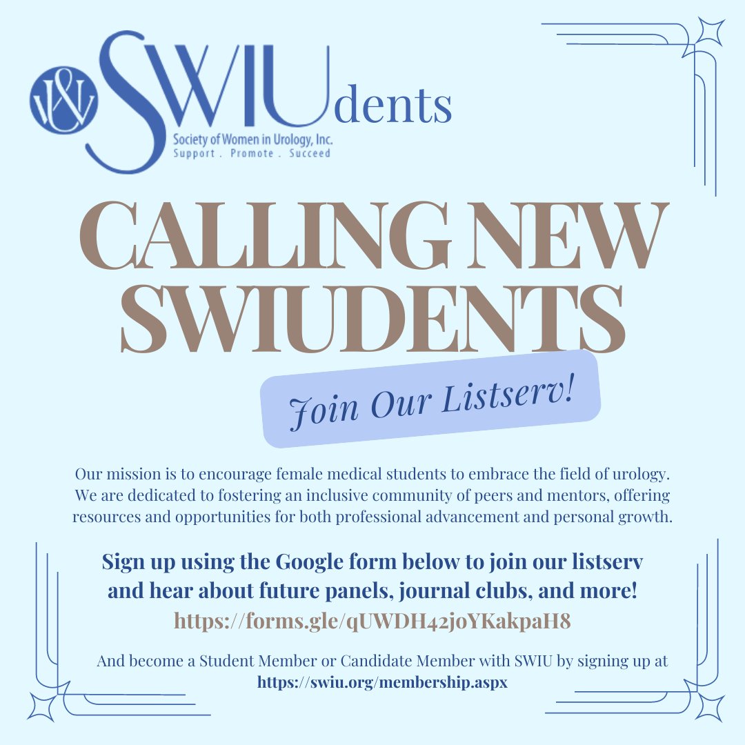 Are you a med student interested in urology? Sign up for the SWIUdents listserv to stay in the know about upcoming panels, mentorship, journal clubs, and more! Also, sign up to become a Student Member or Candidate Member with SWIU on the SWIU website! forms.gle/qUWDH42joYKakp…