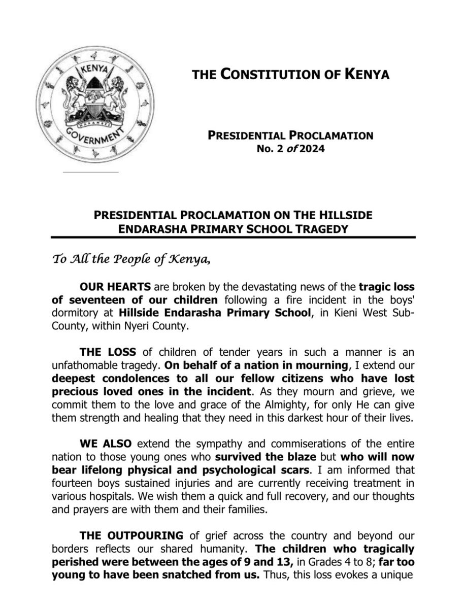Jossmurage2's tweet image. HILLSIDE ENDARASHA ACADEMY UPDATES.:-
H.E President @WilliamsRuto has this evening declared three days of national mourning in honor of the deceased pupils from Hillside Endarasha Academy in Nyeri county.
The Three days starts tomorrow Saturday 7th September to Monday 9th
#SadDay