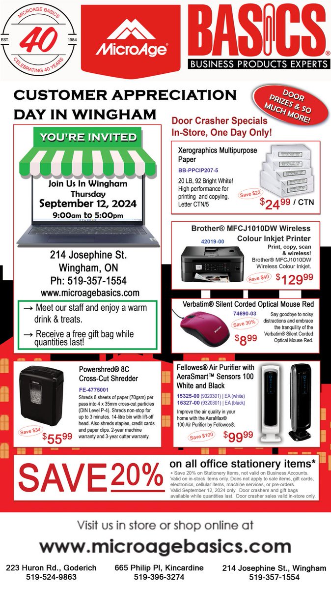 MicroageG's tweet image. Customer Appreciation Day in Wingham Sept 12, 2024.  See us in-store at MicroAge Basics for a gift bag, great door prizes, draws, door crasher specials, hot drinks, and treats. Remember MicroAge Basics at 214 Josephine St. Wingham.  #microagebasics #prizes #sales #stationery
