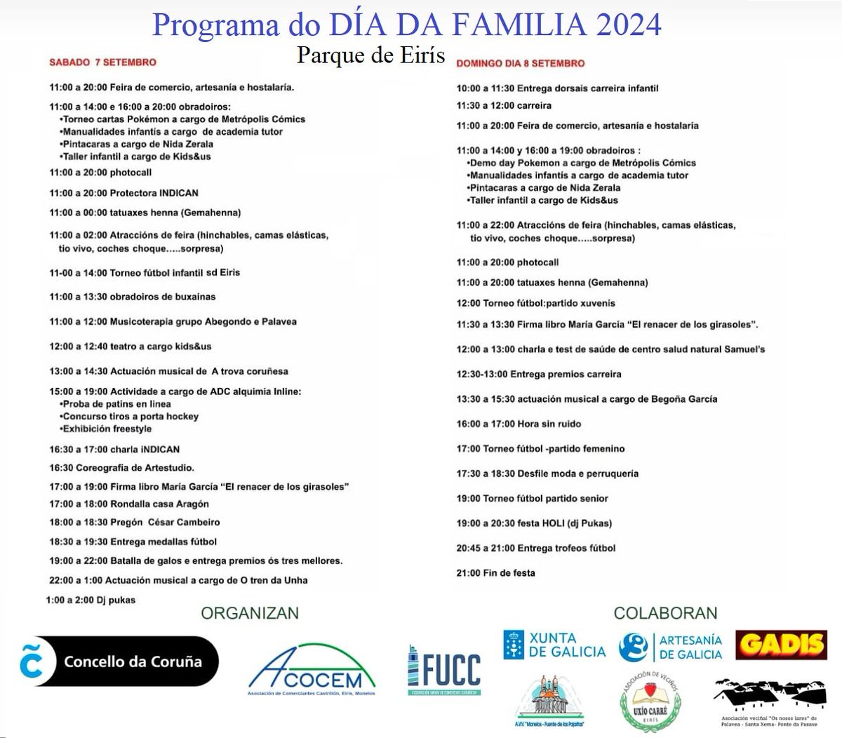 Esta fin de semana no Parque de #Eirís non vos podedes perder o Dia da Familia!

Comercio, artesanía, actividades, charlas, música, deporte, atraccións, comida, e moita diversión no #ParquedeEirís

@ACOCEM <a href="/ASCampodePena/">Asociación socio-cultural "Campo de Pena" #Palavea</a> <a href="/AVVMonelos/">A.VV. Monelos - Fuente de Las Pajaritas</a> <a href="/Eiris_sd/">Eiris SD</a> <a href="/FUCCorunesa/">FUCC</a>