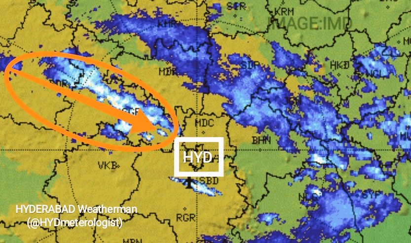 HYDERABAD Weatherman (@hydmeterologist) on Twitter photo #HyderabadRains UPDATE ⚠️
11:00PM
Dense Clouds from Sangareddy moving East,
Hence Moderate-Heavy Rainfall ⛈️ accompanied by Thunders ⚡very likely at isolated places of the city in the next 3 hours.
<a href="/HiHyderabad/">Hi Hyderabad</a> <a href="/swachhhyd/">Shaandaar Hyderabad</a> #HyderabadRains UPDATE ⚠️
11:00PM
Dense Clouds from Sangareddy moving East,
Hence Moderate-Heavy Rainfall ⛈️ accompanied by Thunders ⚡very likely at isolated places of the city in the next 3 hours.
<a href="/HiHyderabad/">Hi Hyderabad</a> <a href="/swachhhyd/">Shaandaar Hyderabad</a>