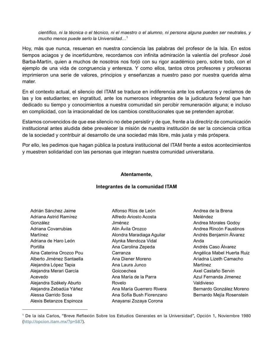 MarianalaRegia's tweet photo. Integrantes de la comunidad ITAM hacemos un llamado a sus autoridades para que cumplamos nuestro deber como casa de estudios de excelencia académica y humana y se pronuncien sobre la presente crisis constitucional  #contrapesonacional @ITAM_mx @Derecho_ITAM @JoyceSadka @AnaMaZN https://t.co/yCedIBVH9U