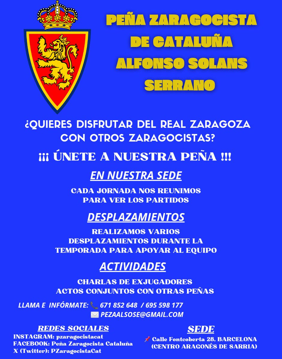 🦁 Zaragocistas, vuelve el fútbol, la pasión. 🤍💙 Te esperamos en la sede  de la Peña Zaragocista de Cataluña Alfonso Solans Serrano para disfrutar  del Real Zaragoza junto a otros zaragocistas. 🏠