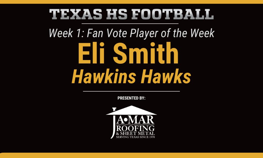 Texas HS Football (@texashsfootball) on Twitter photo Eli Smith is the Week 1 Player of the Week
He set a school record with 8 TD passes. He went 21-26 with 380 yards passing in a 74-16 win.
<a href="/HawkinsFootball/">Hawk Football</a> Eli Smith is the Week 1 Player of the Week
He set a school record with 8 TD passes. He went 21-26 with 380 yards passing in a 74-16 win.
<a href="/HawkinsFootball/">Hawk Football</a>