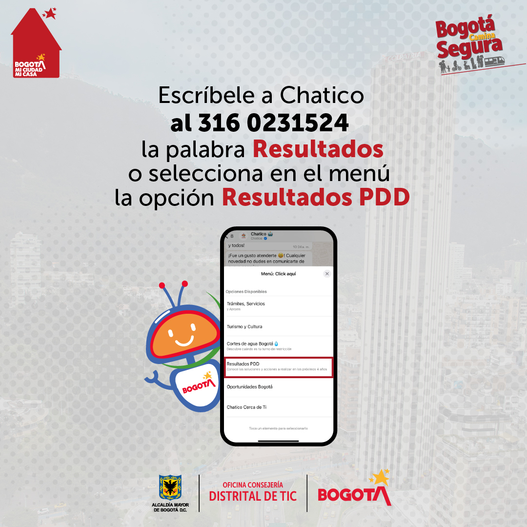 ConsejeriaTIC's tweet image. 📢Ya puedes consultar los resultados de participación ciudadana en el #PlanDistritaldeDesarrollo a través de #Chatico🤖. 

Escríbele y conoce cómo tus aportes fueron fundamentales para construir la hoja de ruta de #BogotáMiCiudadMiCasa.🏙️

👉wa.link/ykcf77