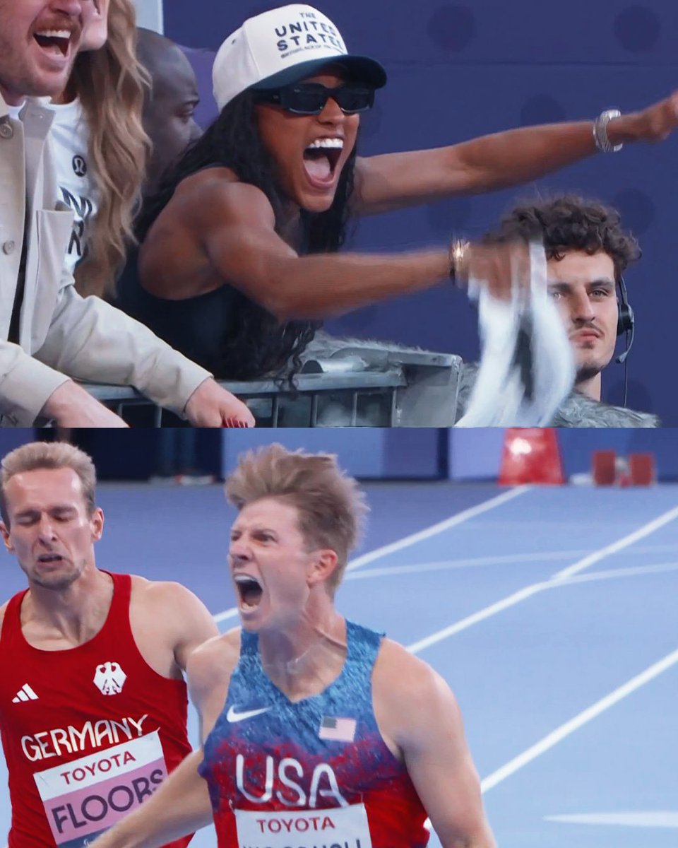 Tara Davis-Woodhall watching Hunter Woodhall win gold in Paris! #ParisParalympics
