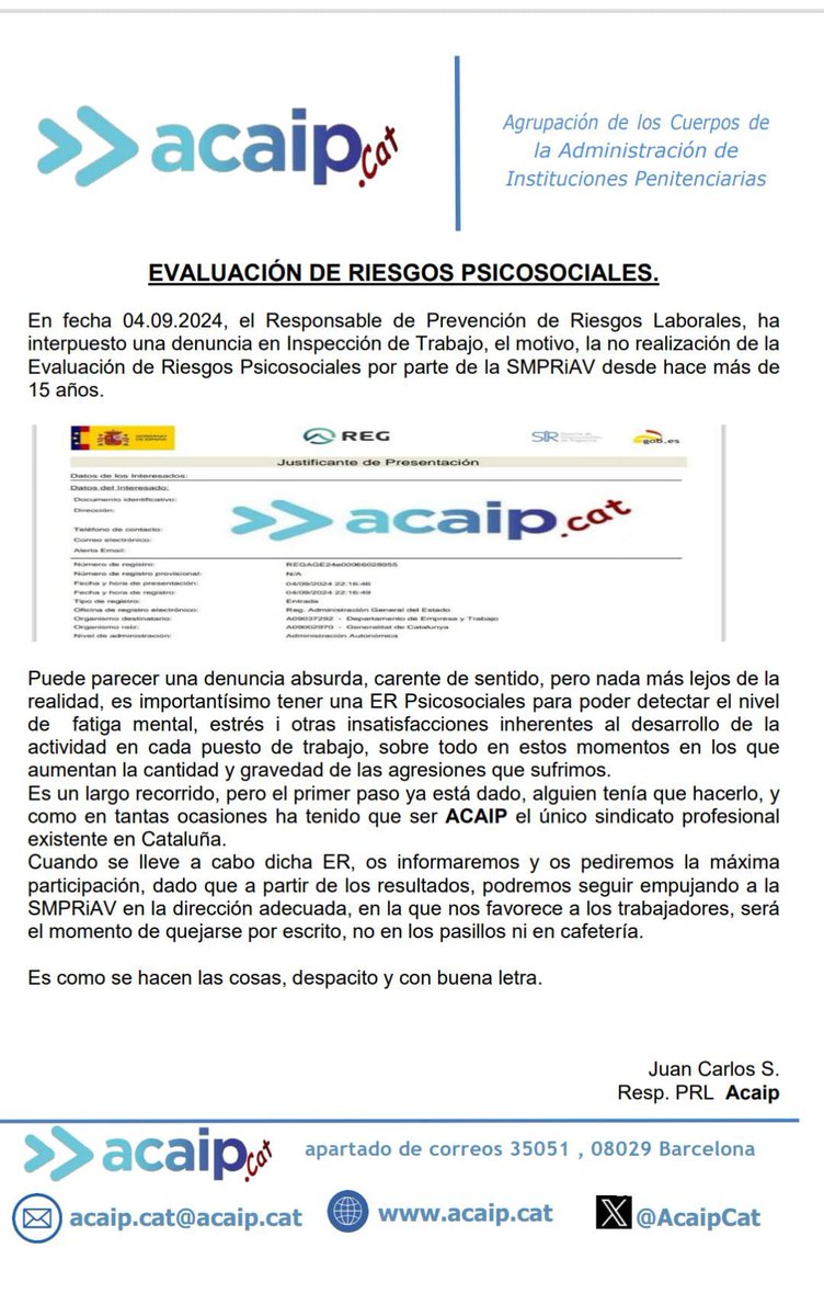 CoordinadorAcaipCat (@coordacaipcat) on Twitter photo Denuncia presentada ante Inspección de Trabajo. SMPRiAV, lleva años sin hacer Evaluación de riesgos psicosociales. Teniendo en cuenta como está nuestro colectivo y las agresiones sufridas casi a diario. Esta evaluación es muy importante. #TotsSomNuria <a href="/ramonespadaler/">ramonespadaler</a> Denuncia presentada ante Inspección de Trabajo. SMPRiAV, lleva años sin hacer Evaluación de riesgos psicosociales. Teniendo en cuenta como está nuestro colectivo y las agresiones sufridas casi a diario. Esta evaluación es muy importante. #TotsSomNuria <a href="/ramonespadaler/">ramonespadaler</a>