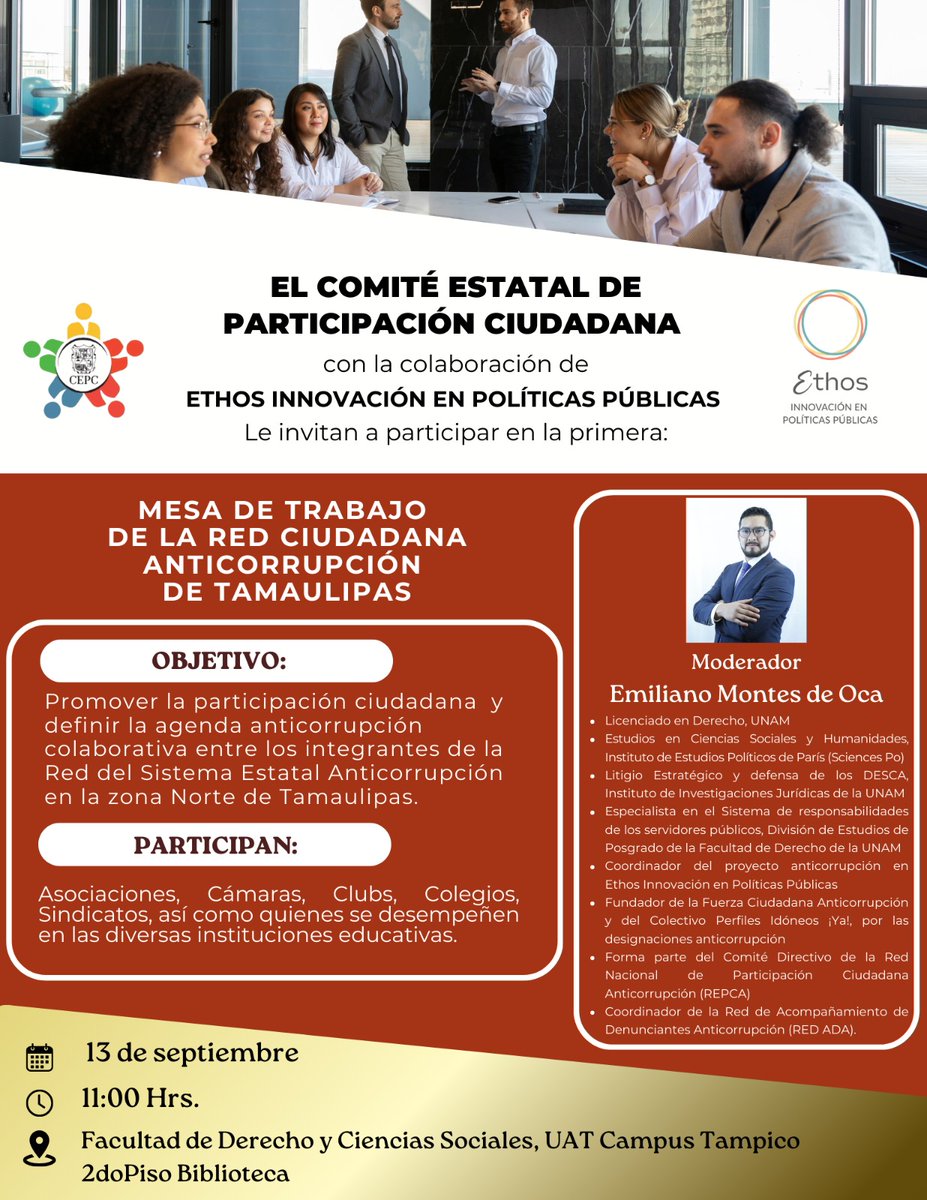 El Comité Estatal de Participación Ciudadana del Sistema Anticorrupción de Tamaulipas con la colaboración de ETHOS  llevará a cabo la Mesa de Trabajo de la Red de Participación Ciudadana Anticorrupción en el SUR del estado, en la ciudad de Tampico.