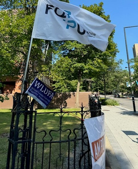 WLUFA's tweet image. For the 3rd time, WLUFA’s @CautFund Rep Cameron McKenzie joins the flying picket with @AMPL_AMPD. Support from across Canada grows! Faculty unions are essential to higher ED’s mission—and they’re under threat. #Solidarity #firstcontract #Solidarite @CAUT_ACPPU @OCUFA