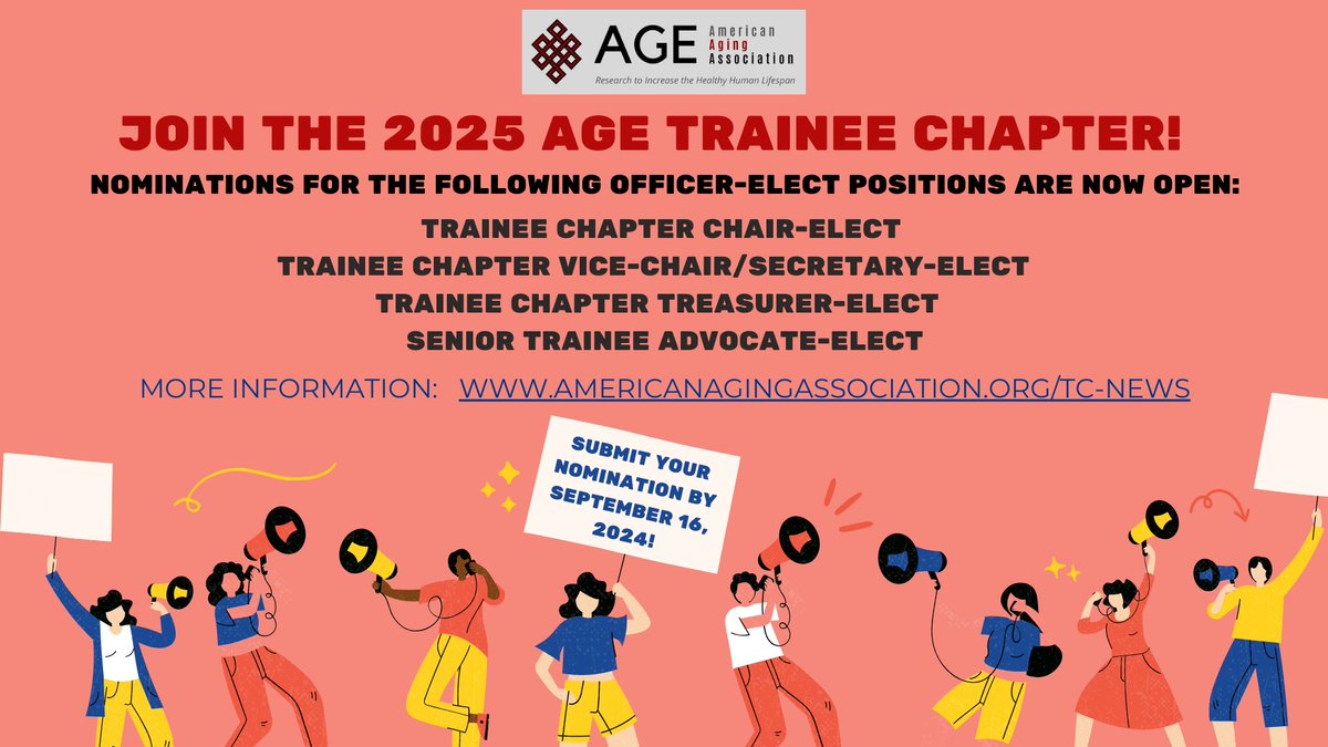 📢📢📢 AGE Trainees! Are you interested in taking a more active role in the AGE Trainee Chapter? Nominate yourself or someone else to hold a position on our leadership team! More information can be found at the link below:
americanagingassociation.org/tc-news

#AGETC