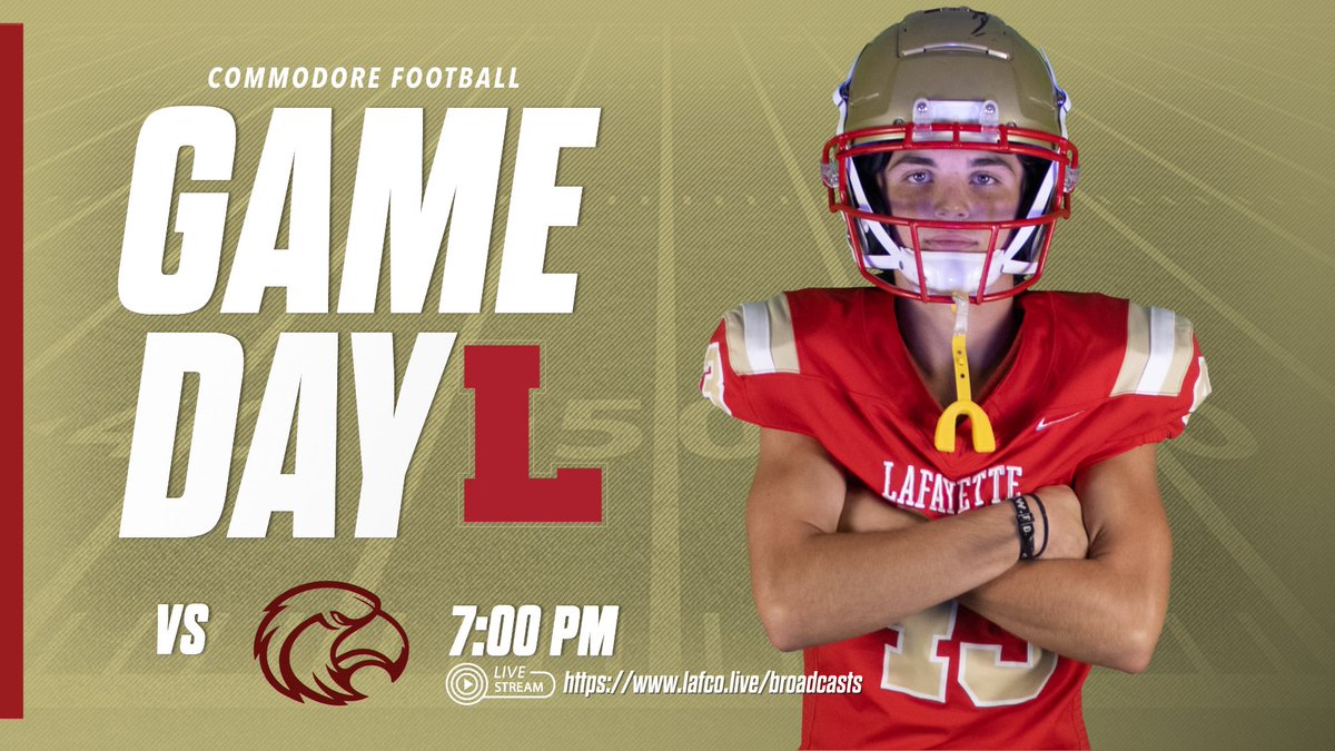 GAME DAY VS HORN LAKE
🏟️ William L. Buford Stadium 
📍Lafayette High School, Oxford, MS
⏰7:00 pm 
🎟️$7 (at the door or gofan.co/app/school/MS1… 📺Lafayette Channel (Roku, Apple TV, Fire TV ) or online at lafco.live/broadcasts