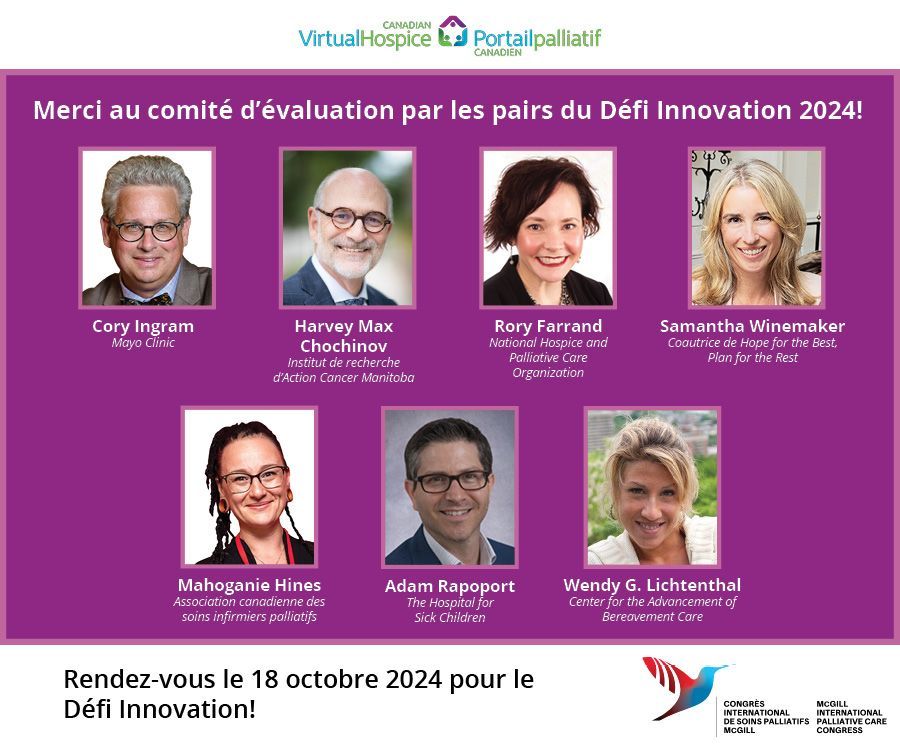Canadian Virtual Hospice (@virtualhospice) on Twitter photo Merci au comité d’évaluation par les pairs du Défi Innovation 2024 : Adam Rapoport, <a href="/HMChochinov/">Harvey Max Chochinov</a>, Mahoganie Hines, Rory Farrand, @sammywinemaker et <a href="/wendylic/">Wendy Lichtenthal</a> pour avoir examiné les 57 candidatures et sélectionné les six finalistes. #MIPCC2024 <a href="/CareMcgill/">Palliative Care McGill</a> Merci au comité d’évaluation par les pairs du Défi Innovation 2024 : Adam Rapoport, <a href="/HMChochinov/">Harvey Max Chochinov</a>, Mahoganie Hines, Rory Farrand, @sammywinemaker et <a href="/wendylic/">Wendy Lichtenthal</a> pour avoir examiné les 57 candidatures et sélectionné les six finalistes. #MIPCC2024 <a href="/CareMcgill/">Palliative Care McGill</a>