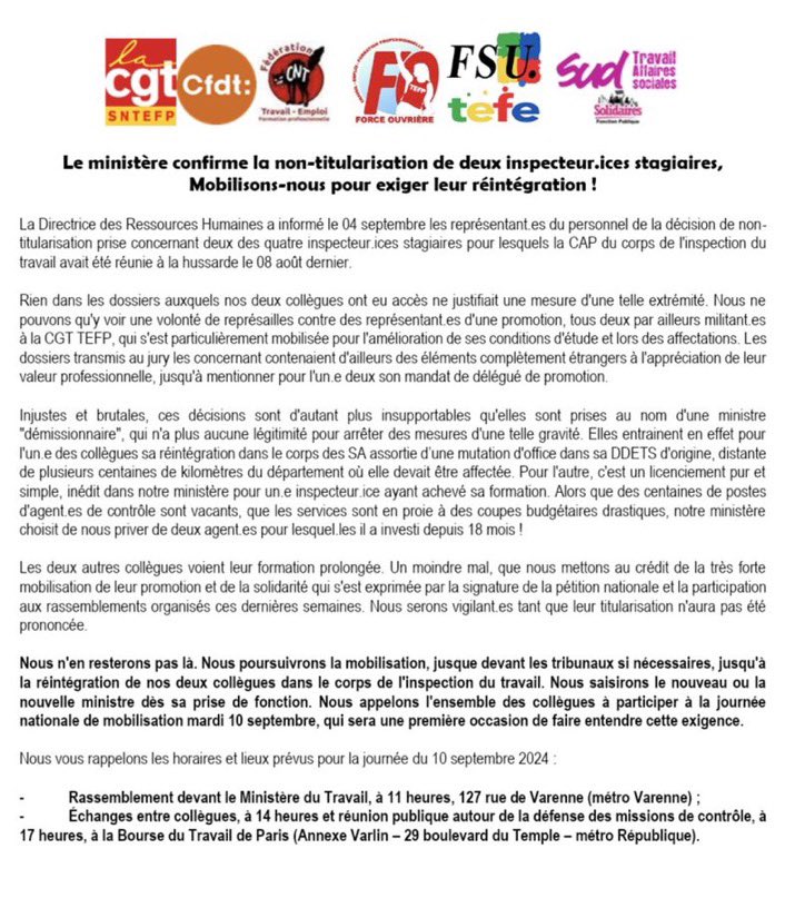 Inspecteurs élèves du travail tweet media