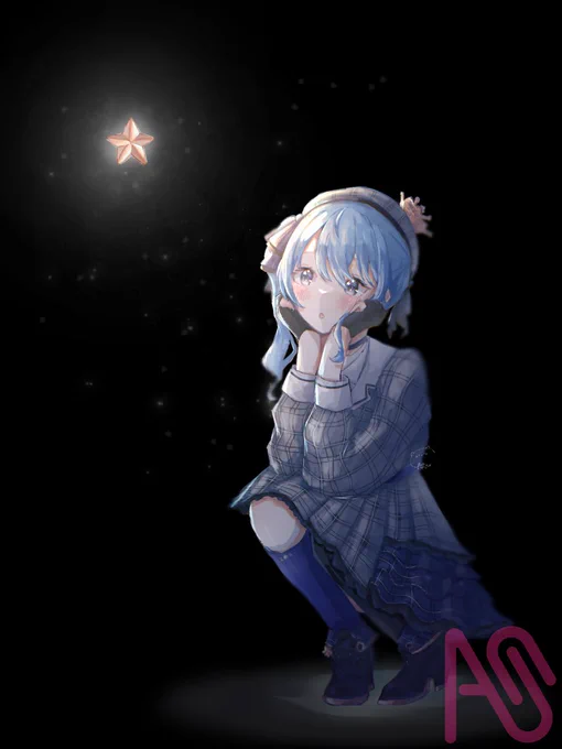 #ゆめうイラスト教室 全体の構図を変えました、それに合わせて目線を変えました 座っている膝からお尻周りとスカートの長さ、体と顔の角度を調整しました。 靴の反射を追加、星の輝きを追加しました