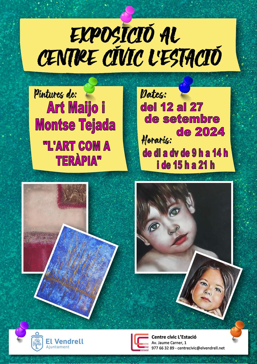 "L'art com a teràpia" nova exposició al Centre cívic L'Estació! (av. Jaume Carner, 1, el Vendrell).
👉 Del 12 al 27 de setembre de 2024.
👉 De dilluns a divendres, de 9 h a 14 h i de 15 h a 21 h.
👉 A càrrec de Art_Maijo i artipintura_montsetejada.