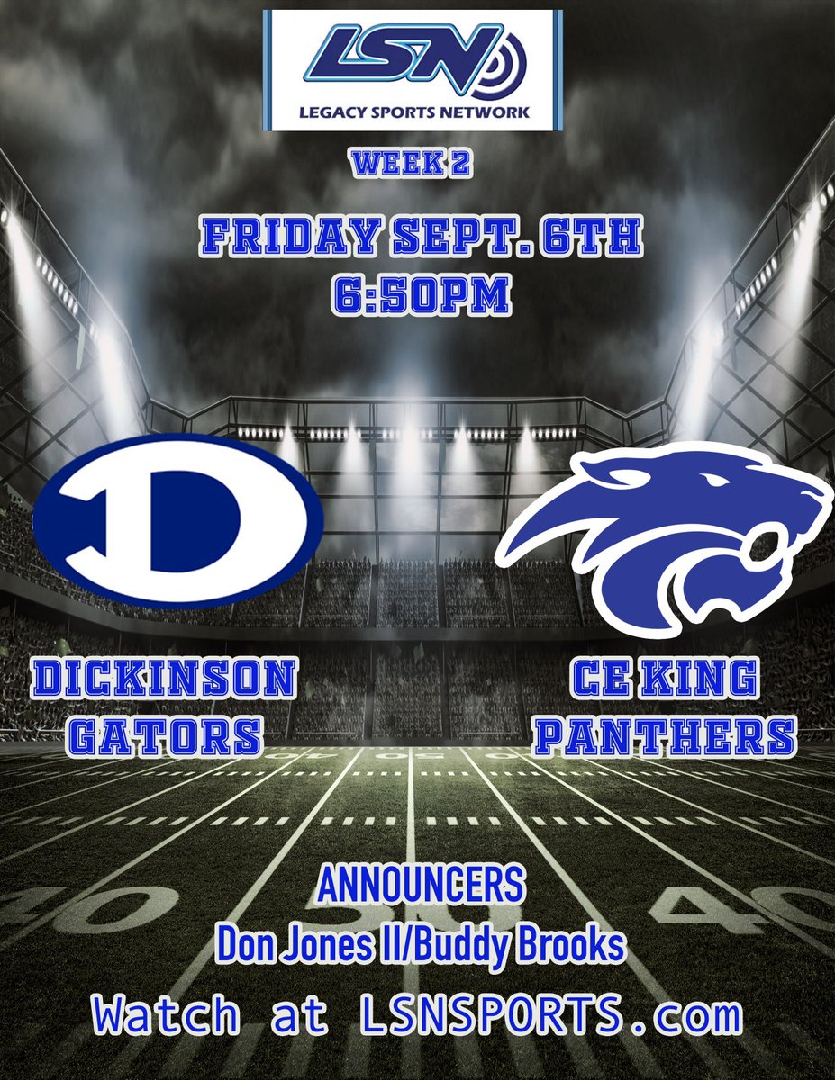 Another good Week 2 matchup as Dickinson travels to CE King.  Watch the game live and free at lsnsports.com