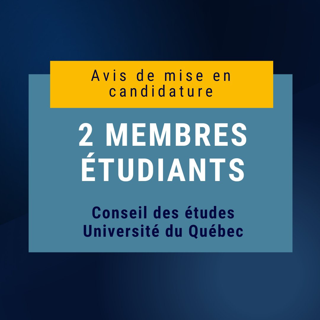 ReseauUQ's tweet image. [Avis de mise en candidature: 6 au 25 septembre 2024]
Désignation de 2 membres étudiants pour le Conseil des études @ReseauUQ 

Infos et formulaire: reseau.uquebec.ca/fr/a-propos/go…

#enseignementsupérieur #instances