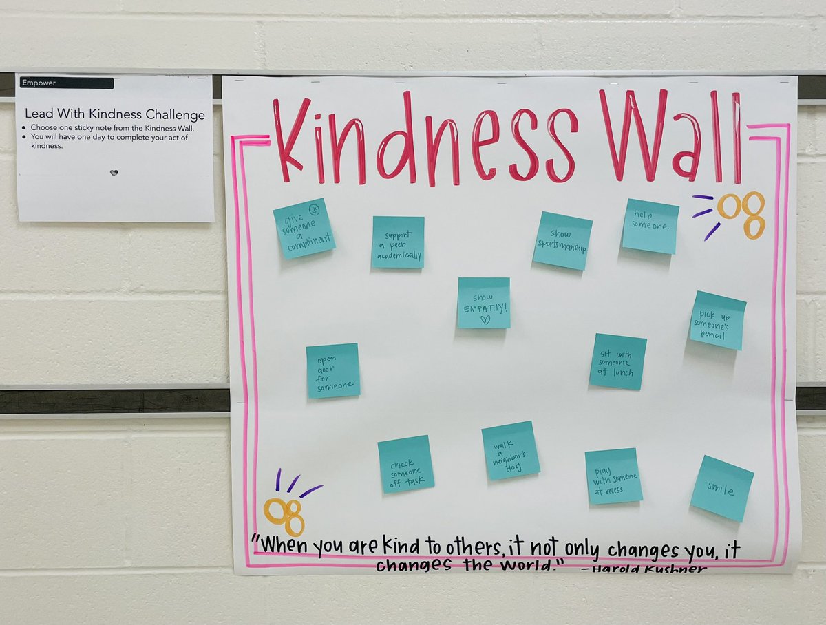 Today we created a Kindness Wall in the hallway to challenge students to be kind. Other students will take a kindness challenge post-it and have one day to complete the action they choose. @IHeartCKH