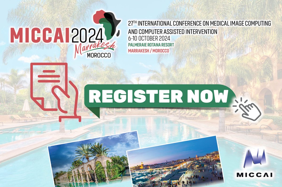 MICCAI (@miccai_society) on Twitter photo One month from today, the opening ceremony for #MICCAI2024 will be held in Marrakesh! We are thrilled that more than 2,000 people have registered. Don't miss the largest annual gathering of our community.
🔗conferences.miccai.org/2024/en/REGIST…
<a href="/MiccaiStudents/">MICCAI Students</a> <a href="/WomenInMICCAI/">Women in MICCAI</a> <a href="/RMiccai/">RISE MICCAI</a> #MICCAI One month from today, the opening ceremony for #MICCAI2024 will be held in Marrakesh! We are thrilled that more than 2,000 people have registered. Don't miss the largest annual gathering of our community.
🔗conferences.miccai.org/2024/en/REGIST…
<a href="/MiccaiStudents/">MICCAI Students</a> <a href="/WomenInMICCAI/">Women in MICCAI</a> <a href="/RMiccai/">RISE MICCAI</a> #MICCAI