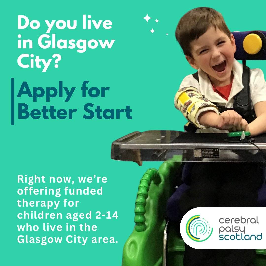 We're offering fully-funded therapy sessions to children aged 2-14 who live in the Glasgow City area.

Visit : Funded individual therapy - Cerebral Palsy Scotland for more information.